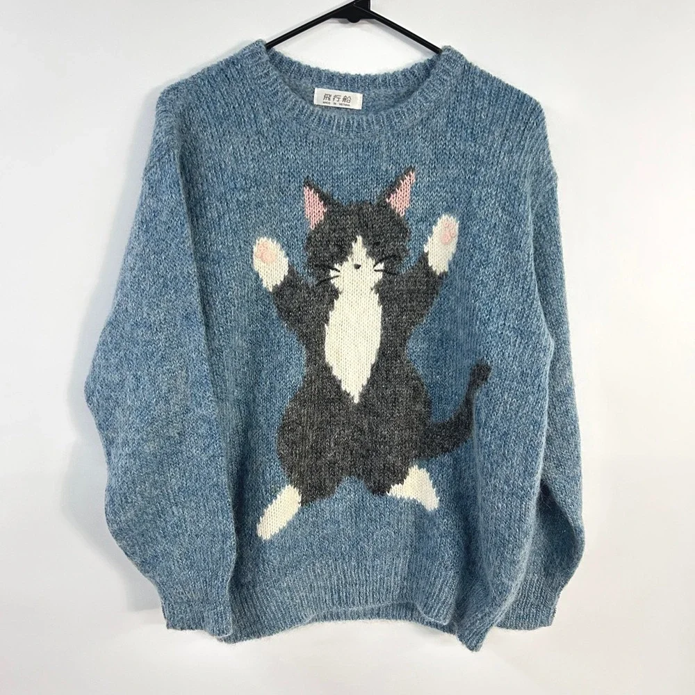 Vintage Wool Blend Tuxedo Cat Sweater Fuzzy Blue Novelty Kitsch Grandmacore